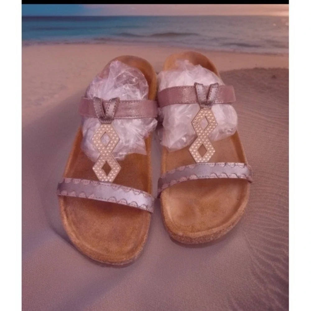 NAOT Aspen Leather Sandals Wedge Cork Gold Metallic Rhinestones EU 38 US 7 - 7.5
